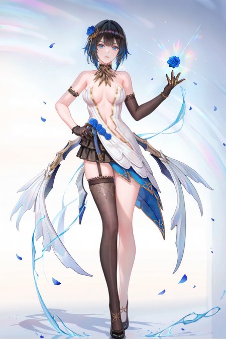 8k, best quality, masterpiece, (ultra-detailed), (high detailed skin), 
((artist:reoen),(artist:fuzichoco),(artist:atdan),(artist:torino_aqua),year 2024:0.8)1girl, [artist:wlop], [artist:ningen_mame], artist:ciloranko, [[artist:rhasta]], artist:tidsean, colorful, detailed light, light leaks, sunlight, bokeh, blurry foreground, ray tracing, lens flare, cinematic lighting, 
full body, full shot, standing, looking at viewer, (solo:1.2), simple background, (white background:1.2), hand on own hip, (white background:1.1), 
<lora:Katya-noob-Tanger:0.8>, 
katya, katya-duwu, katya-duwu dress, 1girl, breasts, gloves, single thighhigh, black hair, black gloves, blue eyes, elbow gloves, short hair, hair ornament, bare shoulders, multicolored hair, blue flower, blue hair, bangs, black footwear, single elbow glove, medium breasts, skirt, white dress, 
A full-body portrait of a young girl, standing gracefully, pastel art style, high-key lighting, shoujo manga influence, hd quality, delicate details,