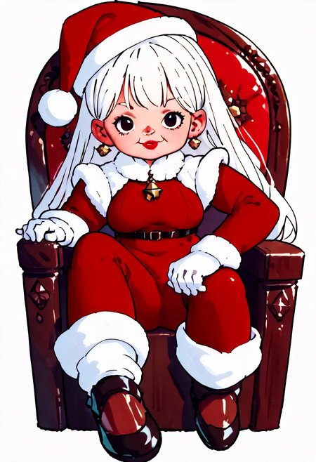 CuteRB, Cute mclaus, sitting on a throne, white hair, 1women, old women, red christmas outfit, solo, rating_safe, Christmas background, 
 score_9, score_8_up, score_7_up, score_6_up, score_5_up, score_4_up,
