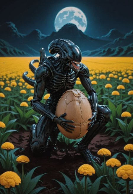famous art by (arkhip kuindzhi:1.1), fantasy style, a cute xenomorph holding a lovely xenoegg on the flower field, classic art, detailed, bold lines, award winning, intricate details, ((masterpiece, best quality)), looking at viewer, dynamic pose, wide angle view, 8k, intricate details