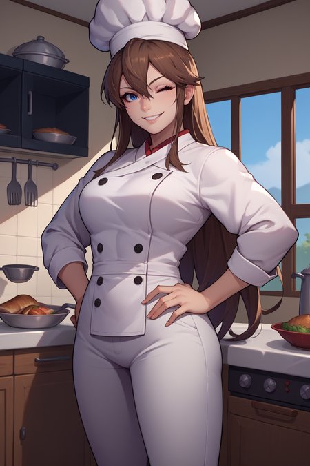 score_9, score_8_up, score_7_up, score_6_up, source_anime, 1girl, solo, <lora:gbfrosetta-pdxl-nvwls-v1-000005:1> defRos, brown hair, blue eyes, long hair, hair between eyes, large breasts, chef's hat, white uniform, white pants, kitchen, indoors, looking at you, hand on hip, wink, smile