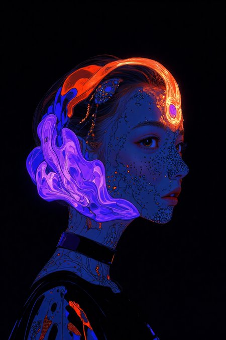 A hyper-realistic close-up portrait of a model’s face and upper body, dressed in a sleek black dress with a subtle metallic sheen. The dress is simple, focusing attention on the oversized surreal mesh veil draped over her head. The veil is made of translucent, flowing material in neon hues—electric purple, cobalt blue, and neon orange—creating a swirling, fragmented pattern with a surreal texture. Her hair is styled in a sleek high bun, and her makeup is minimal, enhancing her natural beauty. She wears a minimalist black choker, complementing her understated outfit. The shot is captured with a 50mm lens, f/1.4 aperture, using shallow depth of field to keep the model’s face and veil in sharp focus while the dark background softly blurs. Cinematic lighting gently highlights the veil’s texture, casting a halo effect around it, and illuminates the model’s face. The contrast between the dark background and the neon veil creates an ethereal, surreal mood. The lighting emphasizes the veil’s intricate pattern, while the color palette of neon against black enhances the avant-garde atmosphere. The overall mood is mysterious, elegant, and captivating, captured in HD and 8K for a polished, high-quality result. mythp0rt