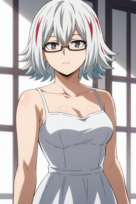 score_9, score_8_up, score_7_up, source_anime, 1girl, prefect lighting, very aesthetic, intricate details, highly detailed background, masterpiece, high quality, prefect hands, best quality, solo,
<lora:Fuyumi_Todoroki_MHA_V1:.85>, KJOfuyumi, medium hair, streaked hair, multicolored hair, two-tone hair, white hair, grey eyes, semi-rimless eyewear,
White sundress, bare shoulders,
looking at viewer, cowboy shot, expressionless, 
white background, 
(Beautiful, medium Breasts:1.2), natural breasts,