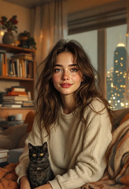 textured chalk pastel for subtle highlights, delicate charcoal shading for depth and contrast, warm, earthy color palette with ambient lighting casting soft shadows, A young woman with expressive, natural eyes and a gentle smile, soft oil brushwork adding warmth and depth to her skin, her small cat sitting calmly beside her, cozy and slightly messy living room in the background with books scattered, a warm throw blanket casually draped over the couch, city lights visible through a large window showing the urban landscape at night,