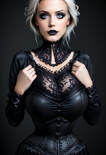 score_9, score_8_up, score_7_up, rating_safe, concept art, realistic, dark theme, low light, dvr-gs, Fixhand.
1girl, solo, cute face, sexy face, Lush white hair, blue eyes, Sexy makeup. 
(huge breast:1.2), (Round breast:1.2), covered breast. 
NeckCorset, (Lace neck corset).
((Gothic))