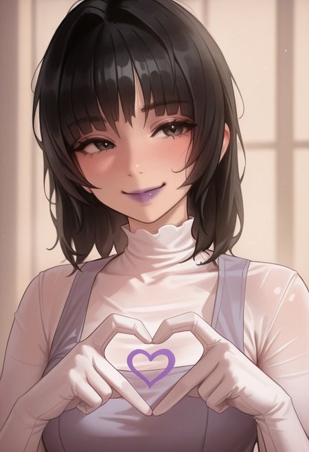 1girl, solo, medium build, medium hair, sfw, safe for work, covered skin, flowy dress,  black eyes, purple lipgloss, smiling, portrait, upper body, heart hands, foreshortening, detailed, newest, hyuk