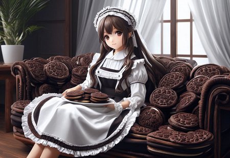 (masterpiece, 2.5D), (score_9, score_8_up, score_7_up,source_anime), (ultra-detailed,24K), best quality, CG, illustration, 
(Japanese cute girl, hugging the large cookie, sitting on couch, room inside made of creamy cookies), 
(solo:1.3), 
brown medium hair, long curtain bangs, hal-up hair, Hair ornaments, sunglasses, ultra-detailed eyes, brown eyes, 
(slim, medium breasts), 
wearing maid uniform made of creamy cookies,   , maid apron, maid headdress, long sleeves 
backlighting black background,