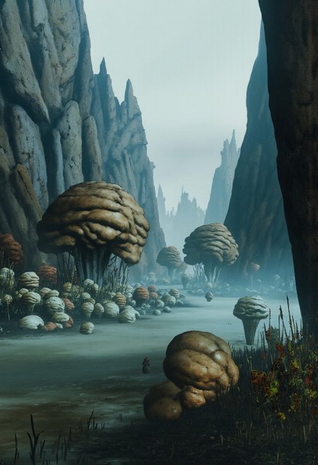 b3rs3rk macro lens d4concept pov, 3D01S, simple background d4artstyle atmospheric and powerful MikeFranchinastyle dark fantasy, natural organic and first person pov of a berserk style creature in the Tsutomu Nihei style
Alien river valley surrounded by towering rocky cliffs, covered in giant mushrooms with textured caps resembling aged leather. The mushrooms range in size, some as tall as trees while others cluster near the water's edge. The river flows gently through the valley, its surface reflecting the soft glow of bioluminescent fungi scattered along the banks. Sparse vegetation grows around the mushrooms, with twisted roots and vibrant, alien grasses adding texture to the scene. Mist rises faintly from the water, creating an ethereal atmosphere. The sky is overcast with diffused light filtering through, casting subtle shadows on the landscape.
Background solid color with a faded dimly lit, fog-covered darkness tone that emphasizes its silhouette. 
UHD letterboxed game trailer frame chromatic aberration dark atmosphere sharp masterpiece with a focus on the character, elden ring, dark atmosphere