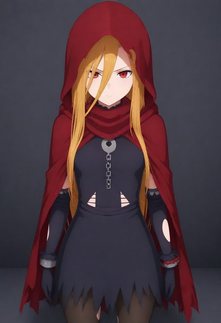 masterpiece, best quality, amazing quality,,, shiny skin,,,,,, <lora:Evileye:1> N4rb3r4lG4mm4, red eyes, blonde hair, very long hair, hair between eyes, torn clothes, hood, pantyhose, black dress, gloves, chain, hooded cloak, shackles,