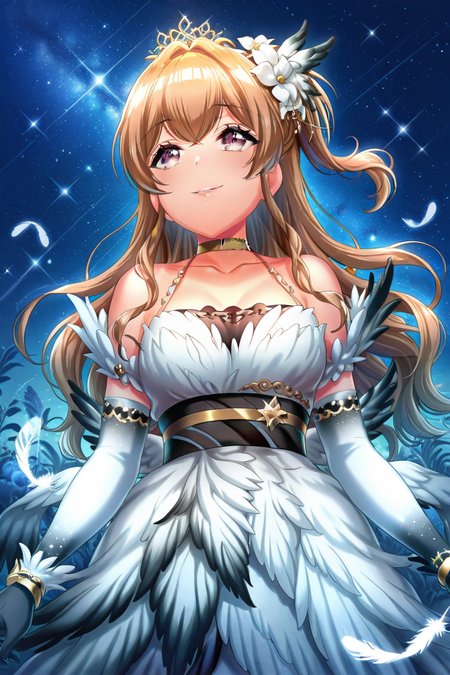 masterpiece, best quality, amazing quality,
 <lora:Kase_IL:1> kase, 1girl, gloves, solo, long hair, hair ornament, smile, dress, feathers, elbow gloves, flower, star (sky), starry sky, sky, white dress, choker, night, tiara, night sky, hair flower, brown hair, collarbone