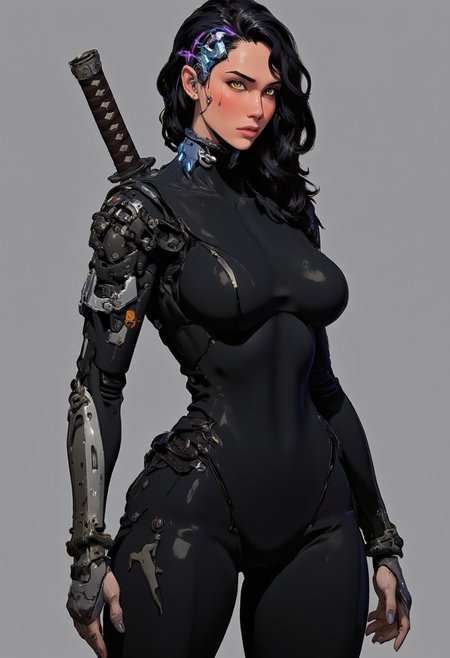 An asian-american woman in her late twenties in a tight black body suit, with assymetrical black hair with purple and blue highlights on one side. She has one cybernetic eye, it glows blue. She is lithe and graceful but also full bodied, in a tight black combat suit. She has a katana on her back and she is looking at the camera in a sultry pose, her fingertips are silver metal, and she is slim.