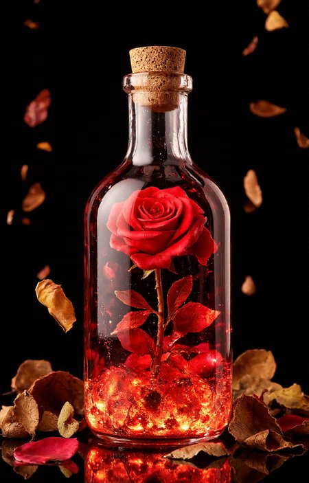 artwork featuring a glass bottle with a cork stopper, filled with a deep, rich red liquid. The liquid is illuminated with a fiery glow, giving the impression of a magical elixir or potion. Inside the bottle, a large, vivid red rose is suspended in the liquid, its petals delicately unfurling and swirling around, creating a sense of movement and life. The rose appears to be in full bloom, with intricate details in the petals and a central stem that extends into the liquid.Surrounding the bottle are leaves and petals, some in a state of decay, adding a sense of time and life cycle to the composition. The leaves are in shades of brown and gold, contrasting with the vibrant red of the rose. The background is a deep, dark black, which makes the glowing liquid and the rose stand out prominently. The bottle itself is clear glass, allowing the viewer to see the internal details clearly, and it is positioned on a reflective surface, enhancing the illusion of depth and realism. The overall style of the artwork blends elements of fantasy and realism, creating a surreal and captivating scene.,aidmaimageupgrader, aidmaMJ6.1, <lora:aidmaMJ6.1-FLUX-v0.5:0.7> <lora:aidmaImageUprader-FLUX-v0.3:0.4>