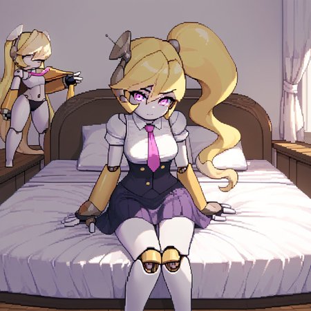 score_9, score_8_up, score_7_up,  1 girl, 
Pixel_Art,
PivotSDXL,1girl,long hair,skirt,blonde hair,ponytail,necktie,pink eyes,side ponytail,colored skin,robot,android,joints,robot joints,
bedroom, in bed, bottomless,