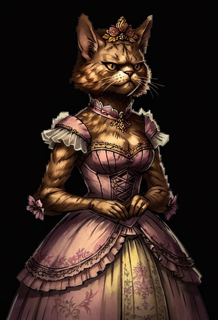 comicish artwork in dgst artstyle, stellaris style, upper body, a Persian_cat-like female (mamalian:1.2) creature woman, baroque crinoline dress, simple background; busty, thin, large breasts, perfect hands