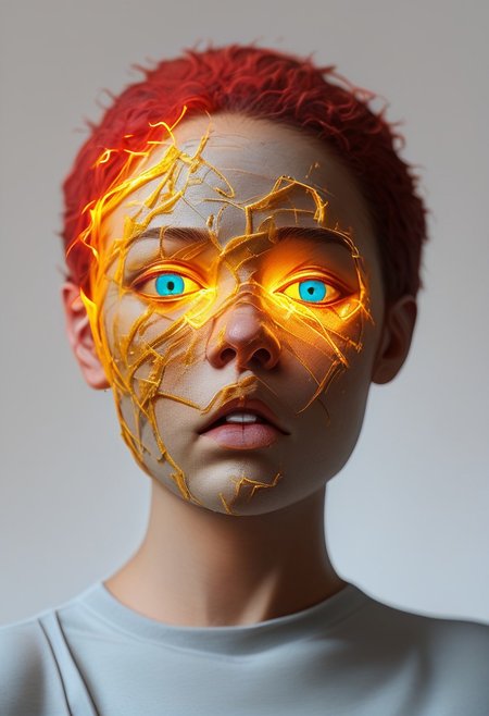 Van Gogh: A woman with vibrant red hair and swirling brushstrokes, bathed in the warm glow of a starry night.  oil painting,  <lora:rough-oil-sat-mega-adam-e:1.25> all high definition, cinematic, truly real scene, 8k, expression of happiness, tranquility, very beautiful, very well-formed body, looking at the camera, blue eyes., electricity, glowing, portrait, colored skin, grey background, teeth, simple background, yellow eyes, skin made of electrical cables, clothing made from electrical cables, floating, indoors, wires, made of wires, cables, outlined with wires, wire sculpture, neon wire sculpture, gradient overlay, PonyXLV6_Scores