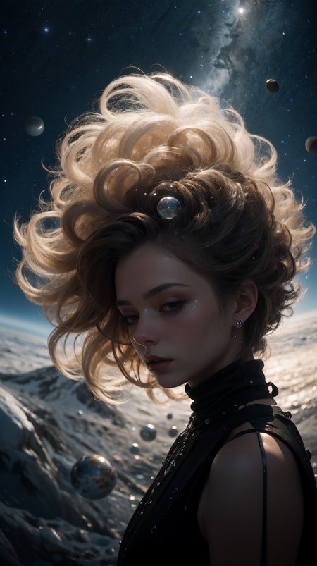 1girl, cosmic, black dress, glass, <lora:Hellasthetic v2:0@0:1@0.1>, 1girl, silver, fractal_art, Space-time distortion, Horizon, Colony, backlighting, elegant, Glowing white hair, black planet generator, High ceiling, Ice Planet, Planet Collision, blizzard crystal, winid, storm, float, close-up, Blue light line, collapse, 35mm photograph, film, bokeh, professional, 4k, highly detailed, <lora:epiC35mm:0.9>, lens flare,
