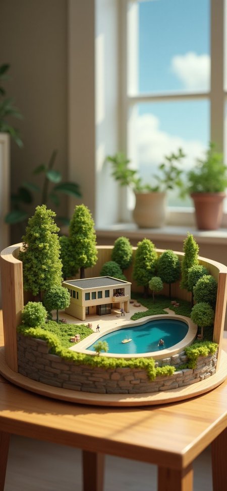 (indoor,tilt-shift lens:1.6), (miniature,diorama,no_realistic,no_CG,no_photo:2) of (stasis _chamber:1.5), gradation,(very clear sky,summer:1.3),(in wooden box:2.5)  (modern apartment:2), with lake ,forest  (in wide wooden plates:1.7) at (table:1.3) in (study room:1.7) <lora:JJsApartment_Flux:0.5>