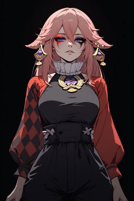 score_9, score_8_up, score_7_up, 
<lora:Muff_PDXL-000000:1>, 1girl, split-color hair, half red half black color hair, two colors rhombic makeup, solo, 
yae miko, ÐÐ°Ñ, 1girl, neck ruff, ruffled collar, two colors argyle sleeve, red sleeve, black romper, 
cowboy shot, adult girl, 21 y.o., teen, <lora:Sinozick_Style_XL_Pony:1> sinozick style, dark theme, flat color, black background,
