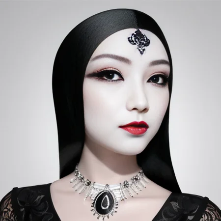 bestquality,masterpiece,highres,chinadress,hairornament,necklace,jewelry,Beautifulface,full_body,tyndalleffect,photorealistic,darkstudio,rimlighting,twotonelighting,(highdetailedskin:1.2),8kuhd,dslr,softlighting,highquality,mju, a white mask with a black and white design<lora:mju-10:1>