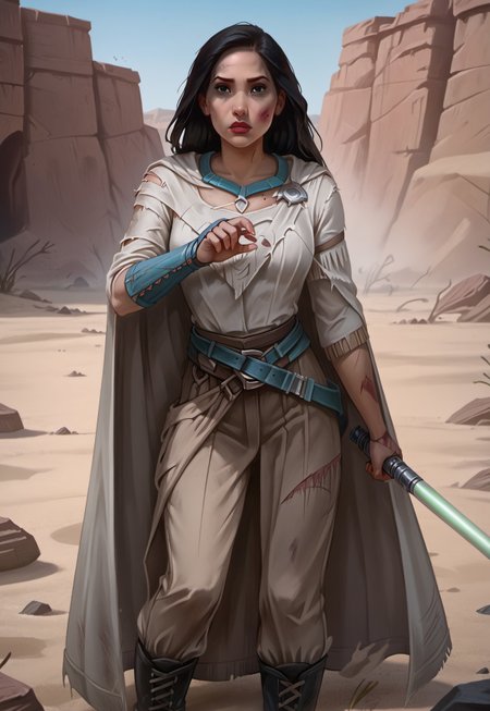 safe_pos, ((zPDXL3)), OZRN, digital art, score_9,score_8_up,score_7_up,score_6_up, face focus, waist-up portrait, absurdres, masterpiece, high res, detailed, 
1girl, solo, (((DisneyPocahontas, 1girl, black hair, black eyes, long hair, dark skin))), (d4rkr3v4n4rm0r, white robe, cape, hood down, breastplate, gauntlets, belt, pants, belt boots), (holding lightsaber, green lightsaber), calm expression, makeup, beautiful woman, action pose,
BattleDamage, cuts, bruises,
in danger, distressed, alarmed, (combat stance), 
dramatic, danger, dutch angle, dof, sand desert background, perfect, Hand, detailed, perfection, hands, 
<lora:bastilashan:1> <lora:Battle_Damage:0.3> <lora:hand 4:0.5>