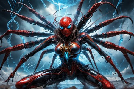 portrait of a gigantic spider,awardwinning, 8k,  atmospheric,dramatic,godlike,superpowers,power surge,epic,representation of absolute power,dense particles in the atmosphere,in the style of aleksi briclot,sandra chevrier and mythsxl,<lora:mythsxl:1>