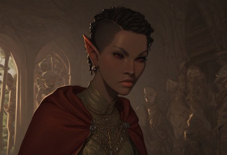 short pointy ears, piercings, nord woman, random elf face, aquiline features, dark elf, weathered skin, large nose, animated realism, zoomed out, Syrian features, torso, brass pipes and gears, intricate architecture, dwarven masonry, dwemer fixtures, white-green light, gloomy lighting, ancient ruins, interior, stone tiled floor, grey-blue skin, mahogany and ivory clothes, medium armor, bone plate armor, ivory straps and fittings, grey wood neckguard, dark red sclera, black pupils, distant mushroom forest, blue-green light, neon, highly detailed, defined features, looking at viewer, three quarters view, from front, dynamic lighting, 36 years old, light and shadows, patterned cloth, annoyed expression, expressive eyes, detailed medieval clothes, medium_breasts, cropped hair, wavy hair, thick hair, beaded hair, braided hair, under cut hair, semirealistic, alien elf, spanish features, jewish features, black hair, dark red hair, umber skin, sharp features, pastel green berber print cloak, nighttime, high detail, absurdres, pretty eyes, detailed eyes, red eyes,