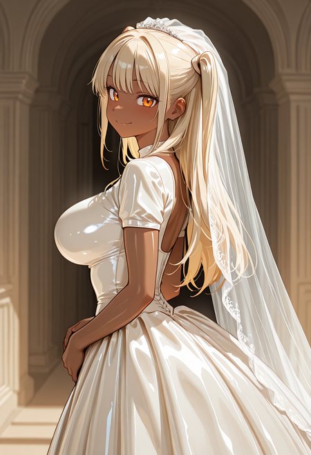 masterpiece,best quality,amazing quality, very aesthetic, ((outlined outlined vector graphics)), cute face, (glow eyes:0.5) ,  from side,  looking at viewer ,beautiful scenery,
1girl,
20yo, large breast, orange eyes, (blonde hair:1.3),long hair, (two side up:1.1), (dark skin:1.2), dark skin girl, (tall:1.2), ,bangs
,
smile , latex wedding dress,latex-wedding-dress, veil, wedding dress,short sleeve  <lora:latex-wedding-il-01:0.8>