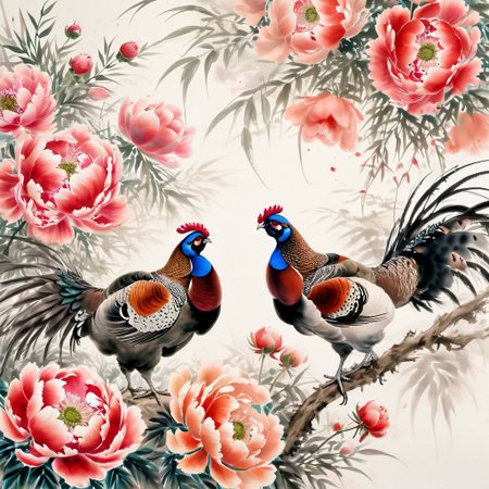 <lora:Ath_ink-painting_XL:1>,ink-painting,ink anf wash,painting \(medium\),traditionalmedia,watercolor\(medium\),Two beautiful pheasants stroll under the blooming peonies, (masterpiece, best quality, high quality, highres, ultra-detailed),