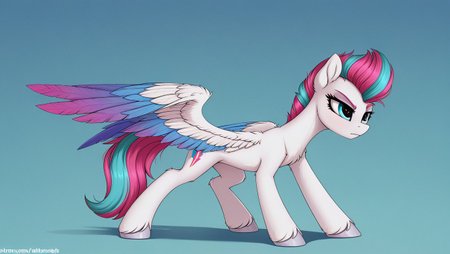 resolution,masterpiece,high resolution,(SOLO:1.2) my little pony,friendship is magic,wild,detailed background,<lora:zipp_storm:1> Zipp Storm pony, pegasus, white body, eyes, silver hooves, long wings with blue and purple feathers, purple mane with pink and turquoise strands combed back covered with gel, Her tail is the same color and medium length, blue eyes, pink eyebrows,fighting stance,abstract background,simple background,detailed Cutie Mark,<lora:TFH31:1>,