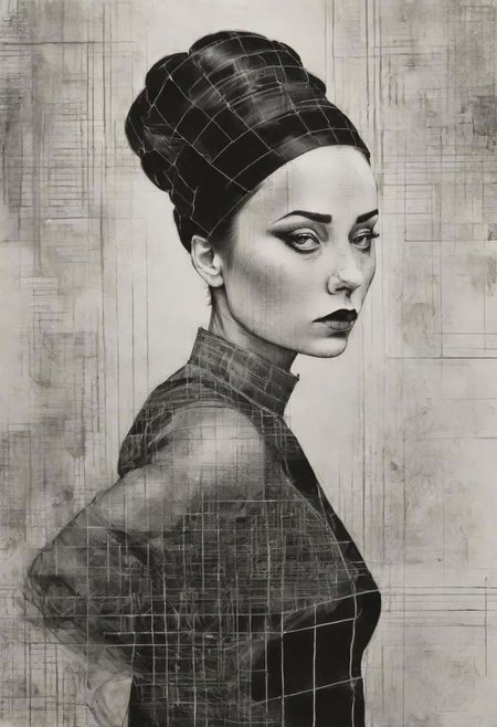 rough crosshatch drawing pop surrealism pop art Lunatic_Portrait of a girl in latex, slick back, low bun, black makeup, tj