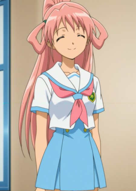 <lora:Seri_Illustrious_from_Jinkou_Shoujo_Henshin_Sex_Android:1>,Seri,Anime screencap,anime coloring, 1 girl, pink hair, hair wheel, school uniform, standing smile