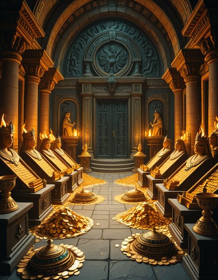 A hidden treasure chamber deep within an ancient temple, illuminated by the warm golden glow of torches and mystical blue light from enchanted crystals. The room is filled with piles of gold coins, jewel-encrusted goblets, and ancient artifacts covered in dust. Massive stone statues of forgotten deities guard the chamber, their eyes glowing faintly as if watching intruders. In the center, a grand pedestal holds a legendary artifactâan ornate golden crown encrusted with emeralds and sapphires, shimmering with an otherworldly aura. The walls are adorned with intricate carvings depicting lost civilizations, and creeping vines hint at centuries of abandonment. The atmosphere is mystical and slightly eerie, with a sense of both wonder and danger. The air is thick with the scent of aged parchment and burning incense, adding to the chamberâs ancient and mysterious feel. Cinematic lighting with dramatic shadows enhances the depth and richness of the scene, creating a visually stunning and immersive environment.
<lora:SDXLFaeTastic2400:0.4> <lora:extremely_detailed:0.4> extremely detailed,treasure ch4mb3r, <lora:treasure_ch4mb3r-i:1>, Masterpiece,best quality,hi res,8k,hi res,8k,award winning,(sharp focus, intricate, highly detailed),
