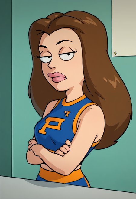 , looking at viewer, score_9, score_8_up, score_7_up, score_6_up, score_5_up, score_4_up  <lora:LisaSliverPony1.0:1>lisasilver, 1girl, brown hair, solo, crossed arms, long hair, sportswear,  upper body, sleeveless, shirt, sleeveless shirt, lips