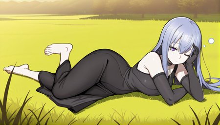 masterpiece, best quality, highres, newest, scenary, 1girl, solo, official style, <lora:Close:1>, liberatorclose, black choker, black sleeveless dress, black elbow gloves, expressionless, looking at viewer, barefeet, full body, five toes, detailed feet, lying on grass, one eye closed, hand on eye, outdoor, sleepy