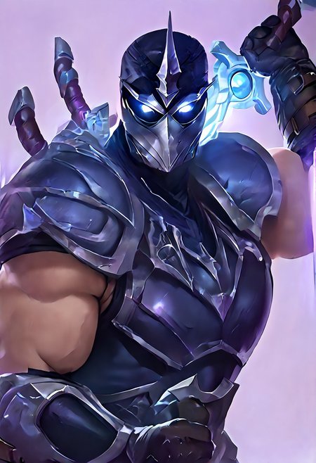 score_9, score_8_up, score_7_up, score_6_up, score_5_up, score_4_up, source_anime,  Shen, solo, looking at viewer, blue eyes, simple background, gloves, 1boy, holding, upper body, weapon, male focus, horns, black gloves, sword, holding weapon, armor, bodysuit, mask, glowing, holding sword, helmet, shoulder armor, gauntlets, glowing eyes, single horn, purple background, breastplate, black bodysuit, white eyes, knight, full armor, black armor, tokusatsu, broad shoulders, muscular, huge pecs, huge traps, shocked expression
