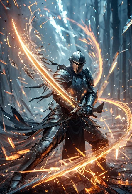 1man, armored knight, Incoming sword, broken glass, reflection, glowing fire slash, shatter, holding sword, glowing sword, motion blur, emphasis line, outdoor in the darkness, looking viewer,