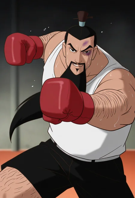 1boy, cowboy shot, facing viewer, dynamic pose, punching, incoming punch, red boxing gloves, sweat, white shirt, sleeveless, contemporary, black shorts, leg hair, arm hair,  bruised eye, smirk,
BREAK
lijing, mature male, black hair, mustache, very long beard, hair slicked back, black eyes, soul patch,
BREAK
topknot, hair stick, hair ornament, plump, indoors, <lora:dark:0.8>
BREAK
best quality, masterpiece, very aesthetic, absurdres, highest detailed, very awa, <lora:Li_Jing_from_The_Legend_Of_Nezha_v1.0:1>