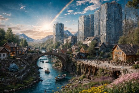 (RAW photo, 8k uhd, Analog style, Masterpiece, Best Quality, Highres:1.4), (dramatic, cinematic:1.2), BREAK,
movie shot of colorful hyperdetailed fantastic fantasy mysterious magic landscape, above clouds, (medieval elven fantasy (village:1.35), (steampunk:1.05) (peasant:1.15) (robots:1.1) (crowd:1.35), playing (little steampunk (girl:1.25):1.1), (farm:1.31), (lake, (river:1.14):1.15), (bridges:1.4), (waterfalls:1.35), (boat:1.4), (dock:1.1), (cliff:1.35), road, (green:1.05) valley, (flowers:1.2), (maple trees:0.65), (green:1.05) (fields:1.3), (fences:1.3), (snowy:1.17) (pines:1.1), (pink:1.0) (flowering tree:1.12):1.22), BREAK,
((mountains:1.22), (futuristic:1.15) (overgrown:1.27) (skyscrapers:1.53) (ruins:1.35), (market, water wheel, castle:1.14), (colorful houses:1.2), birds, stairs, spaceport, ((bright morning sun daylight:1.05) rainbow pure (blue:1.05) sky, glowing:1.05), starry, crescent, meteor, ((fluffy cloud:1.2), godrays, light particles:1.05), various seasons, steam, smokes:1.2), BREAK,
(photorealistic:1.2), (intricate:1.3), (light theme:1.3), (inspiring joyful atmosphere:1.2), (fabulous, fantasy, mysterious, science fiction, post-apocalypse, incredible, amazing, happy, sunny, pastoral:1.2), (hyperdetailed, absurdres:1.2), (colorful, saturated:1.4), colorful lighting, BREAK,
<lora:more_details:1>,