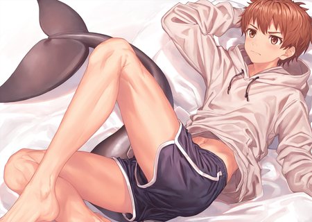 <lora:nayoshi241103:1>,nayoshi,1boy,male focus,solo,brown hair,barefoot,shorts,navel,hoodie,hood,brown eyes,midriff peek,short hair,dolphin shorts,midriff,