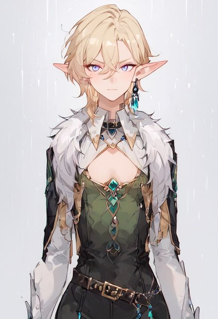 masterpiece,best quality,highly detailed,score_9,score_8_up,score_7_up,source_cartoon,expressiveh, 
BREAK
 blonde hair,aventurine,blue eyes,front view, 1androgynous,otoko no ko,1boy,AKnihtcurvy,tomboyish figure, bdone, tall height, male size, elf, pointy ears, blonde hair, cape, tube top/green vest, shoulder tattoo, gloves, boots, colored skin, pale, POINTY ELF EARS, short hair, messy hair, silver white hair, glare in the eyes,rosy freckles, green cloak,  green thights, green leggings, a long piece of indigo fabric tied together to form a belt with a number of gold details,short hair,solo, alone,shiny skin,slim body, small breast,small bust,soft breast, big hips,silver armor bracers, athletic body, slightly toned, oiled body, closed_cloak, brooch, robe, cloak, green skintight, fully clothed
BREAK
heavy looking eyebrows, big dizzy eyes,
BREAK 
heavy rain,