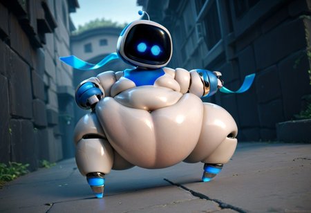 score_9, score_8_up, score_7_up, score_6_up, score_5_up, score_4_up, full body shot, solo, humanoid robot, antennae, blue eyes, glowing, blue scarf, ((((((obese))))))