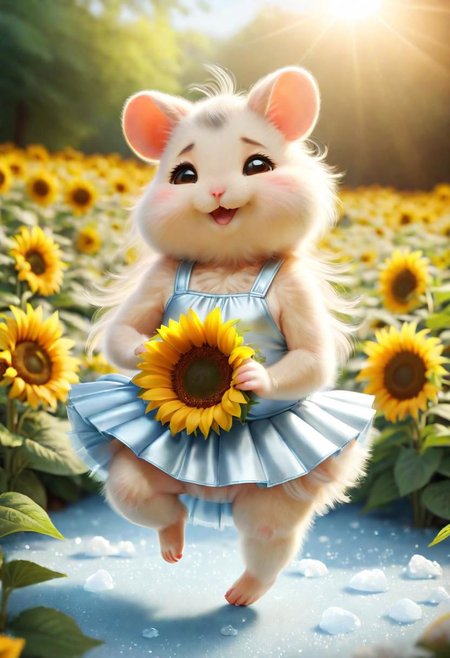 ral-fluff,<lora:ral-fluff:1>,
chibi,masterpiece,best quality,original,official art,silver metallic hamster, tutu,flower,blurry background,rendering,beautiful detailed glow,(detailed ice),beautiful detailed sun,sunny, blurred flower, happy, many little sunflower