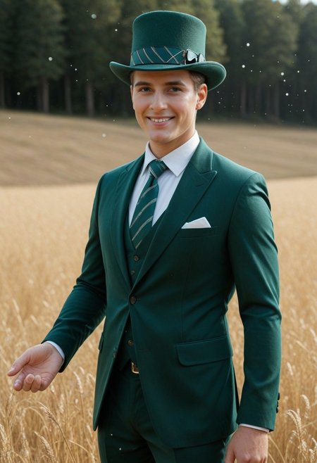 anime style portrait of a Detroit-style gender bender digital human named Connor, with striking green eyes and a subtle smile, wearing a sophisticated green corduroy suit, a glitter crop top revealing his midriff, and a green top hat adorned with a striped bow. He stands solo amidst a field of vibrant green clovers, with a prominent four-leaf clover near his hand, surrounded by ethereal light particles. Shot with a Sony a7R IV, 85mm lens at f/1.8, ISO 100, 1/200s shutter speed, bathed in soft, magical golden hour lighting, with a shallow depth of field to emphasize Connor and the clovers, creating a whimsical yet formal atmosphere.