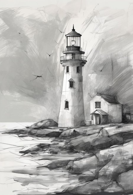 artstrtngpt, abstract sketch of a lighthouse on a tiny island