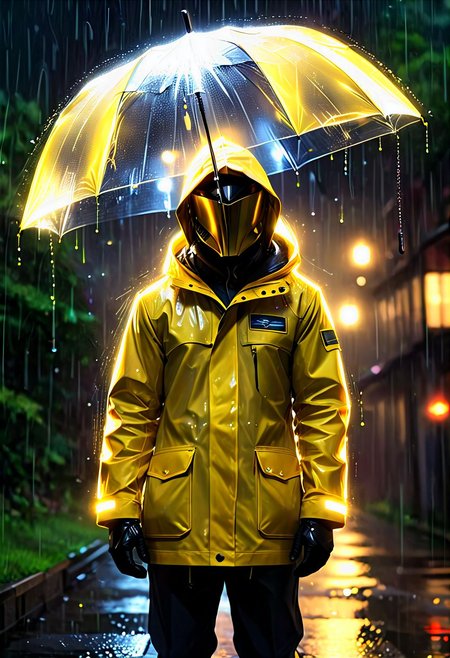 Create an image of a hyper detailed Crystal lighting effect colorful small stome made of The lighting is combined with the an anthropomorphic anime duckling, and  the shape of a kind and tender scene of an anthropomorphic duckling wearing a yellow raincoat and yellow galoshes, who has an umbrella and is standing in the rain is intricately created with the thin lines of light.background the gloosy black wall