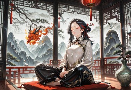 1rregular_b0, hyperdetailed_bg, (realistic_bg:1.2, su22eal_bg:1.2), (full_bg:1.4), (fantasy, 0ri3ntal_theme, chinese style, inkwash_bg, east asian architecture, egasumi), grey background, mountain top, mountain, cranes, japanese pine branch, (detailed background),

(1girl, solo, meditating, crossed legs, meditation,  closed eyes, dragon spirit), (changpao, baggypants), ((great anatomy, correct anatomy, akariL, wide forehead, black hair, long hair, medium hair, red_streaked_hair, greenish_grey_pupils, red_iris, small breasts)),

fullbody, eye level, front view,

((masterpiece, absurdres, newest, best quality, visual impact, very aesthetic, perfect quality, absolutely eye-catching, high contrast)), 4K, detailed facial features, detailed clothing features, detailed texture, 