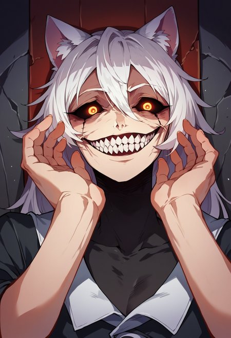 score_9, score_8_up,score_7_up,score_6_up, source_anime, 1girl, sitting on throne, cat ears, white hair, orange eyes,human,
solgo, sharp teeth, evil grin, black sclera, glowing eyes,
 <lora:Solgo-grin-v1-potat:0.9>