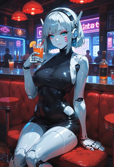 score_9, score_8_up, score_7_up, android girl, pixel face, digital face, robot body, metal skin, scifi, restaurant, sitting, date night, nightclub, bar
