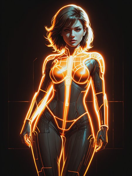 mad-cyberspace, woman, dynamic pose, orange glowing outlines, grid, cyberpunk, 1980s, retro, scifi <lora:Neon_Cyberpunk_Cyberspace_SDXL_v2:0.8>, raw photo, film grain, (photorealistic, realistic:1.2), deep shadow,  8k, uhd, dslr, ultra high res