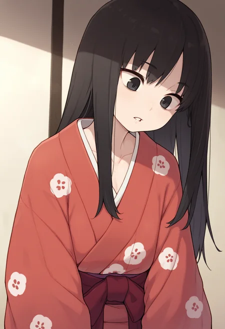 masterpiece,best quality,amazing quality,
solo, black hair, 1girl, female focus, long hair, black eyes, japanese clothes, parted lips, looking down, collarbone, kimono,
 <lora:Chiwino_epoch_9:1>