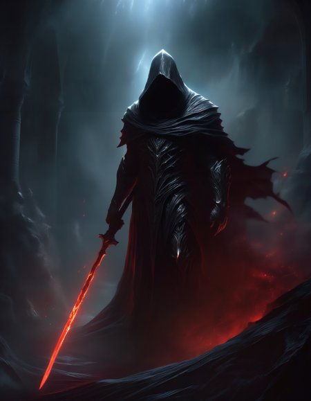 extremely detailed background, cinematic, masterpiece,  a dark hooded figure, Dark Fantasy page, a reaper who seems to meld with the shadows, cloaked in armor made of bone and darkness, the figure exudes an air of mystery and forbearance,  with a dark crimson aura, captures the anomaly and maleficence of the character with vivid detail, high contrast, deep shadows,  <lora:Dark Fantasy:0.8> Dark Fantasy page, <lora:detailed_notrigger:0.9>, The Hood obscures the face completely, kneeling, <lora:M05_Intensify:0.5>, (torn cape:1.1), close up, light particles, the angency of evil, from below,